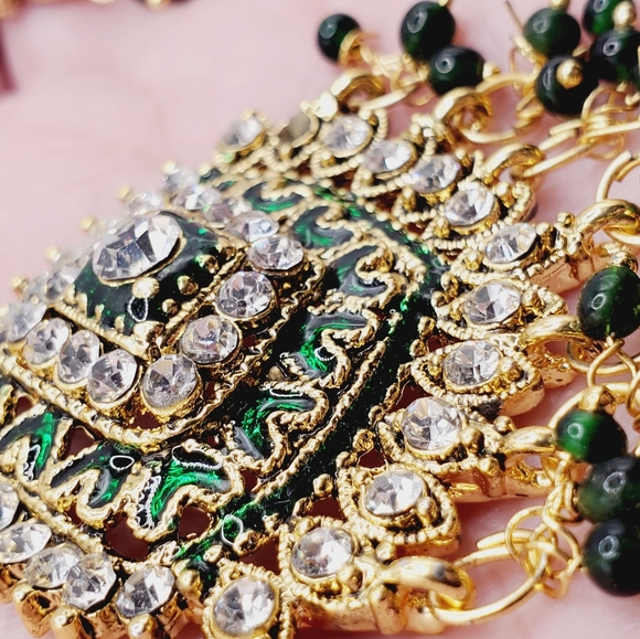 3 PC set Indian bohemian wedding kundan gold emerald jadau earrings necklace set - Picture 12 of 16